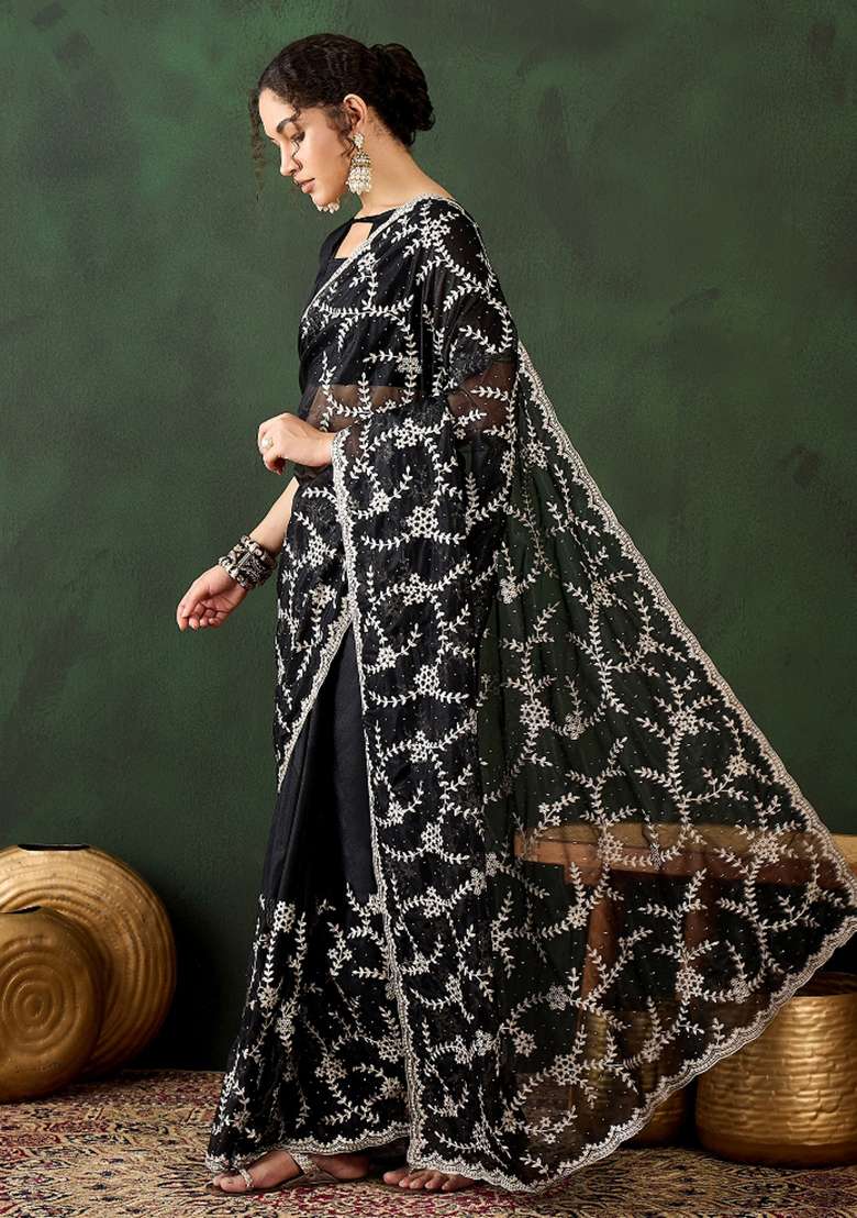 Black Embroidered Shimmer Saree Set - Indya