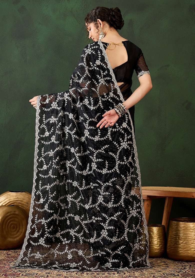 Black Embroidered Shimmer Saree Set - Indya