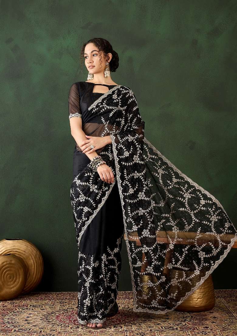 Black Embroidered Shimmer Saree Set - Indya