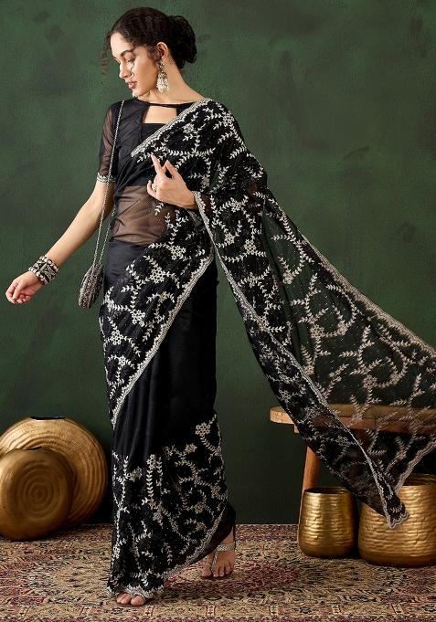 Black Embroidered Shimmer Saree Set