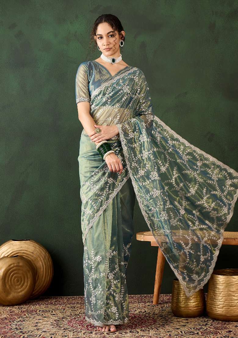 Teal Embroidered Shimmer Saree Set - Indya