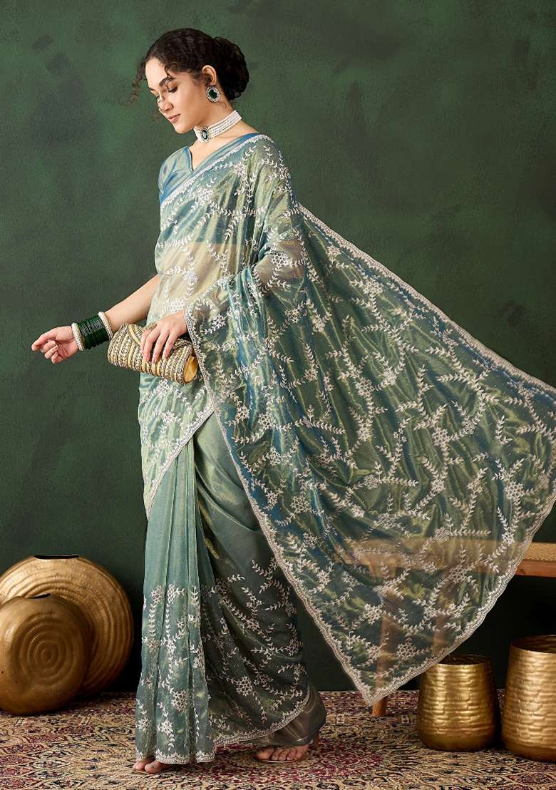 Teal Embroidered Shimmer Saree Set - Indya