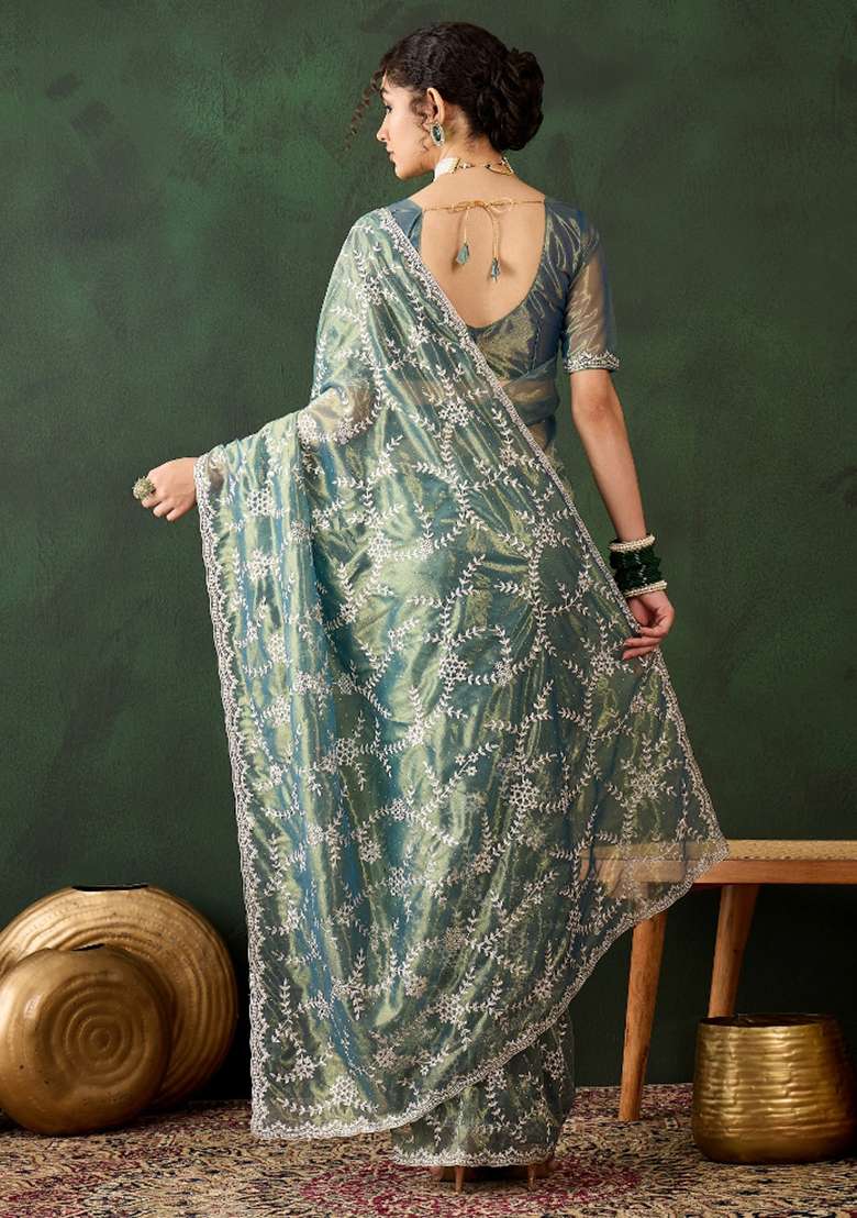 Teal Embroidered Shimmer Saree Set - Indya
