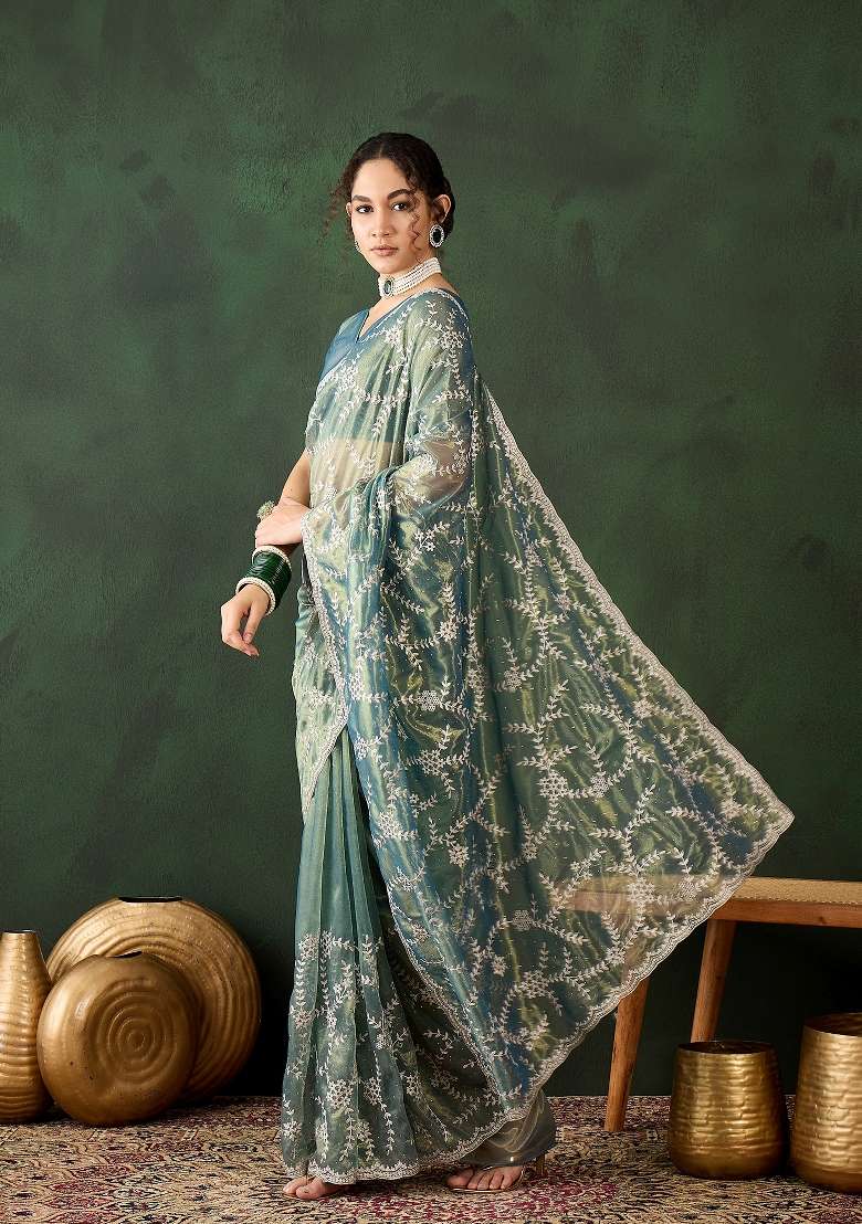 Teal Embroidered Shimmer Saree Set - Indya