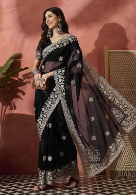 Black Embroidered Net Saree Set