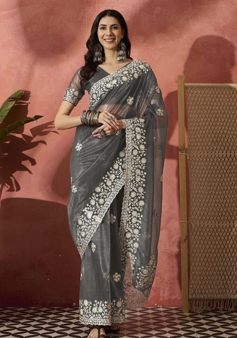 Grey Embroidered Net Saree Set