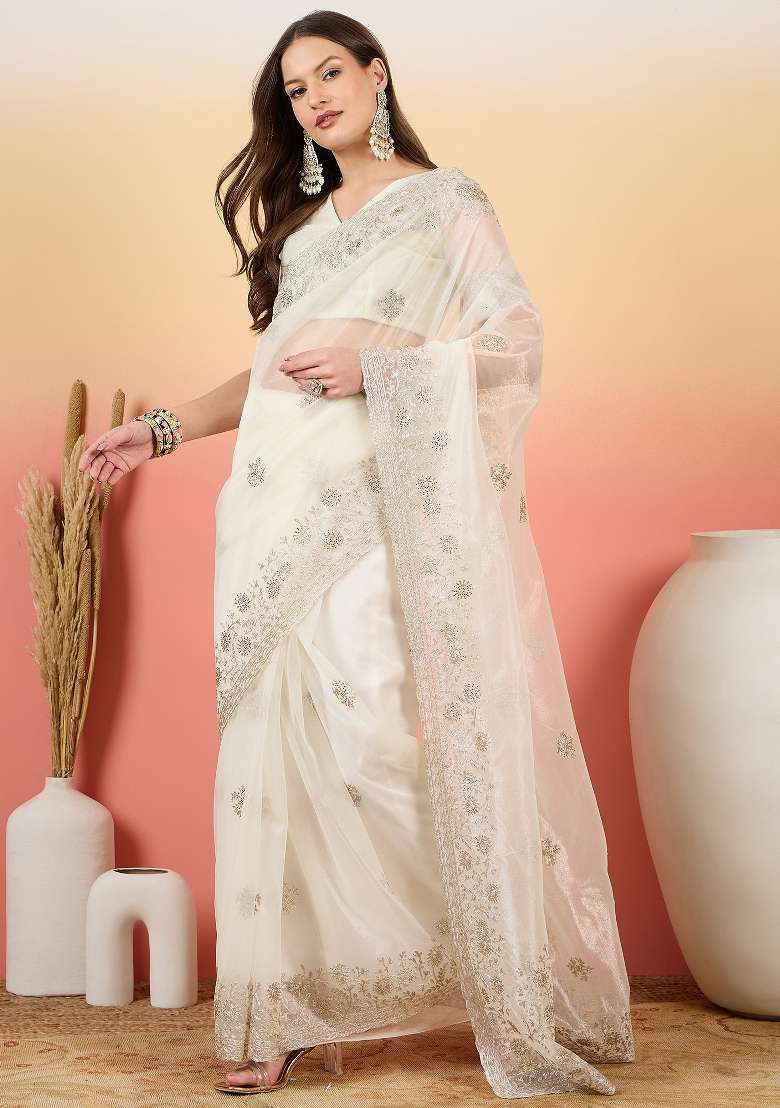 Off White Embroidered Net Saree Set - Indya