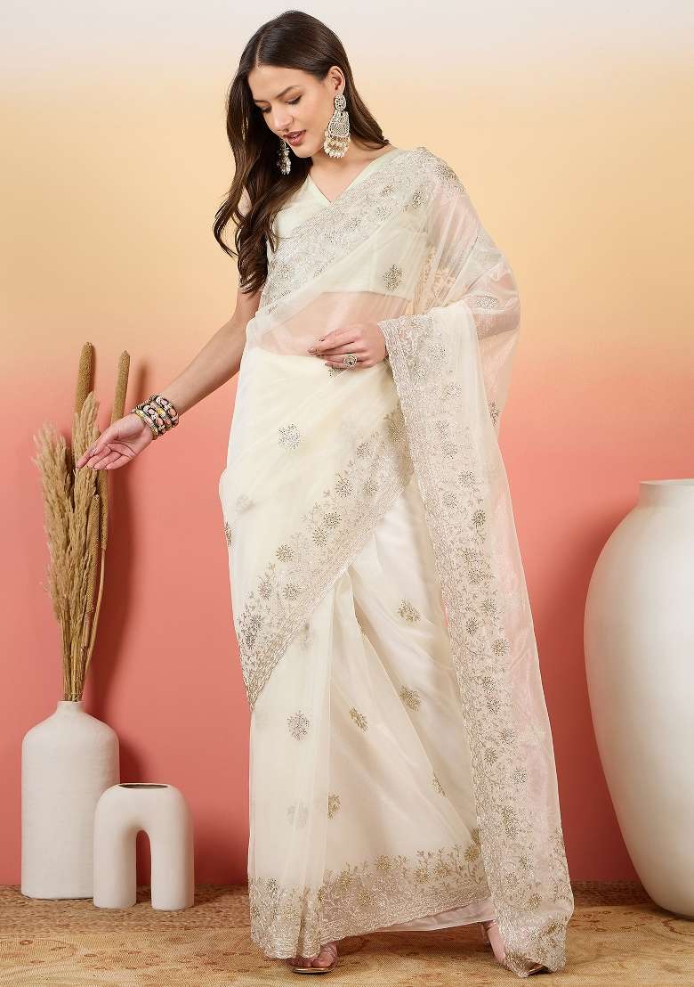 Off White Embroidered Net Saree Set - Indya