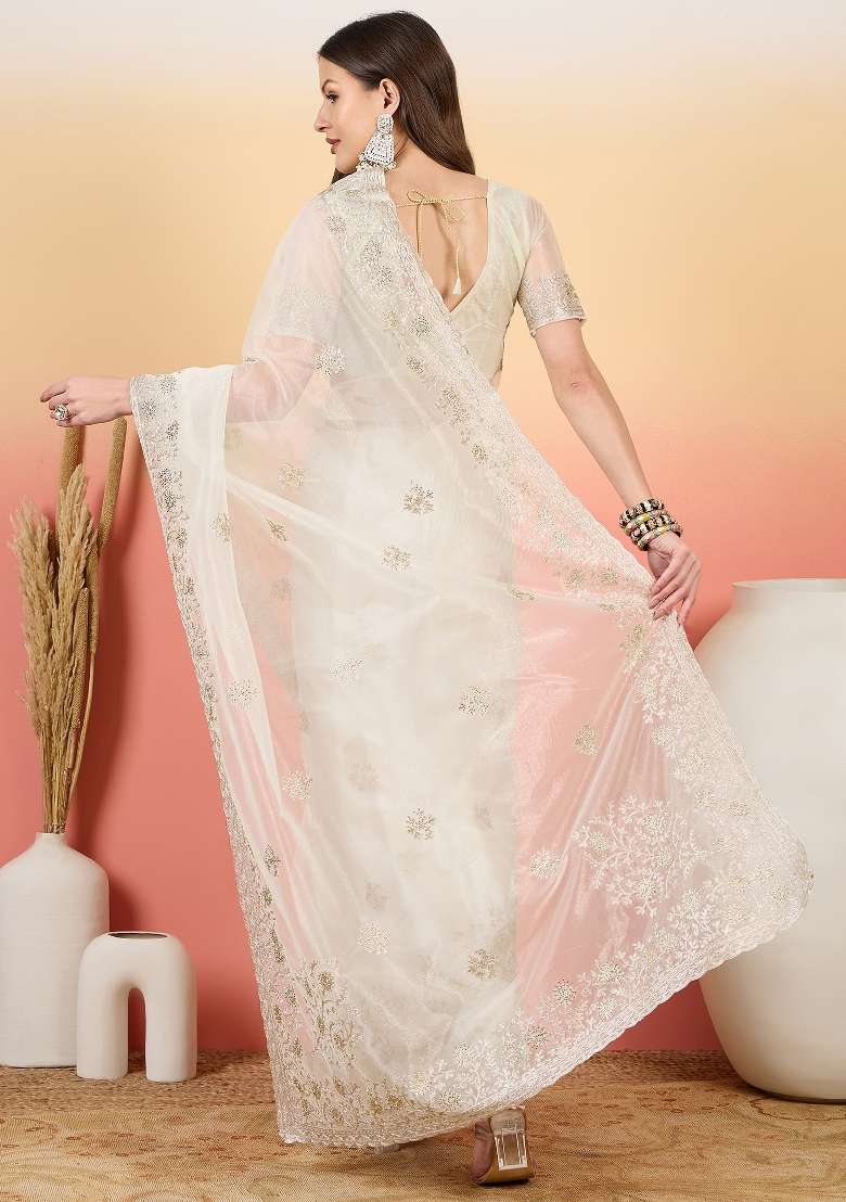 Off White Embroidered Net Saree Set - Indya