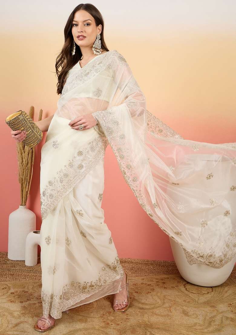 Off White Embroidered Net Saree Set - Indya