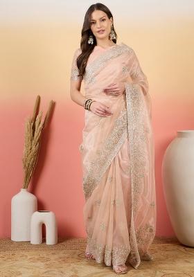 Peach Embroidered Net Saree Set