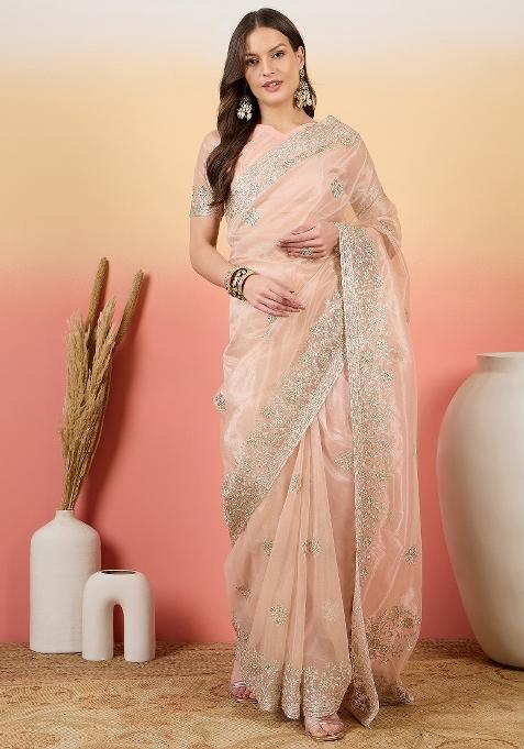 Peach Embroidered Net Saree Set