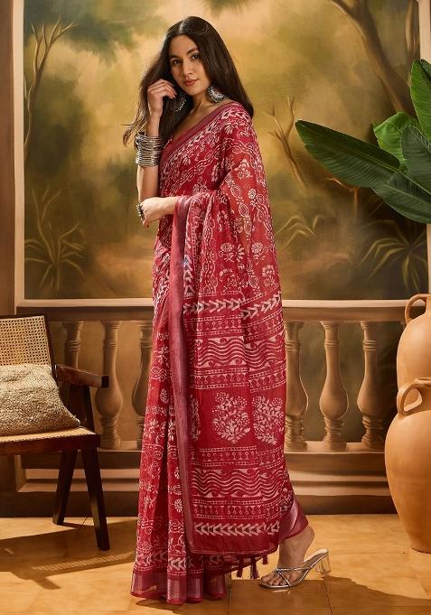 Red Printed Cotton Saree Set