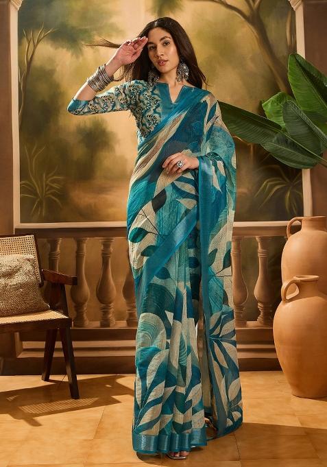 Blue Printed Cotton Saree Set
