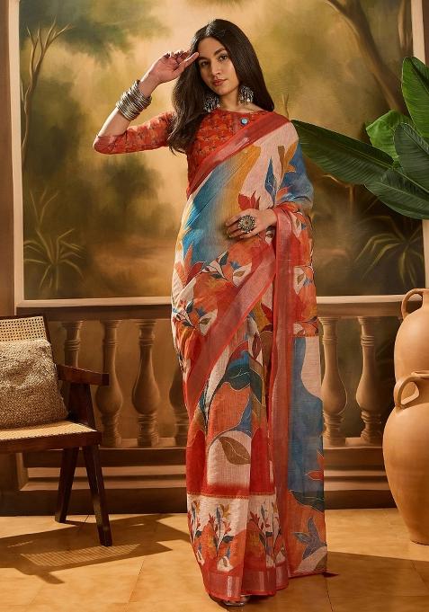 Multicolour Printed Cotton Saree Set