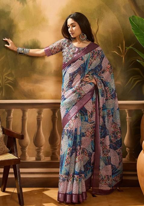 Purple Printed Cotton Saree Set