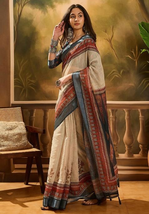 Cream Printed Cotton Saree Set