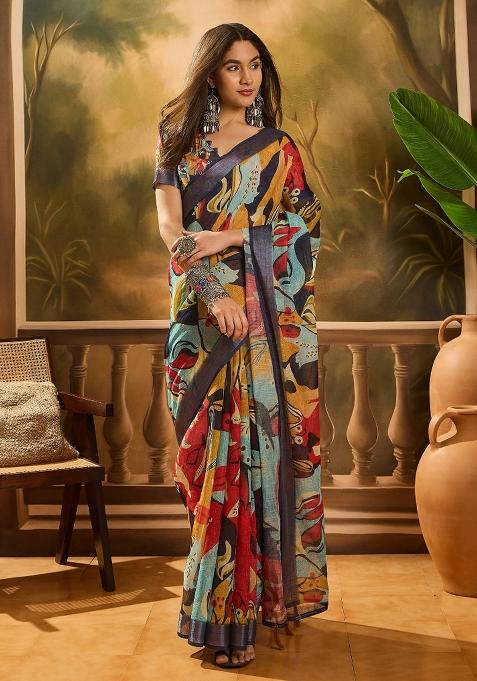 Multicolour Printed Cotton Saree Set