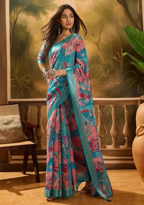 Blue Printed Cotton Saree Set