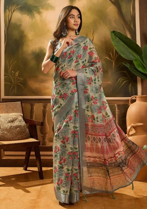 Grey Printed Cotton Saree Set