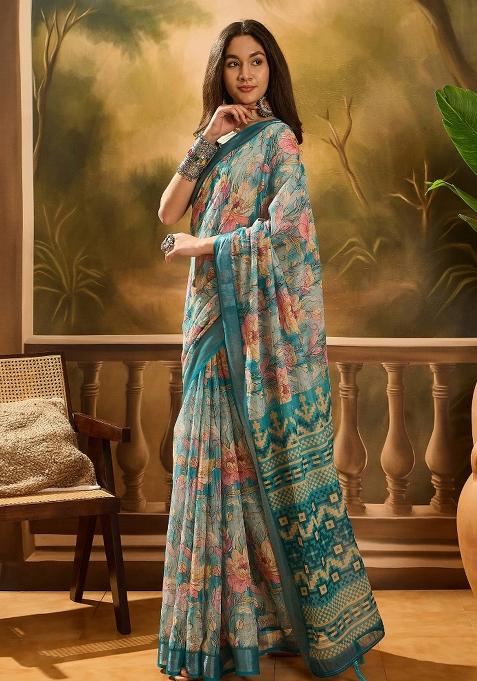 Multicolour Printed Cotton Saree Set