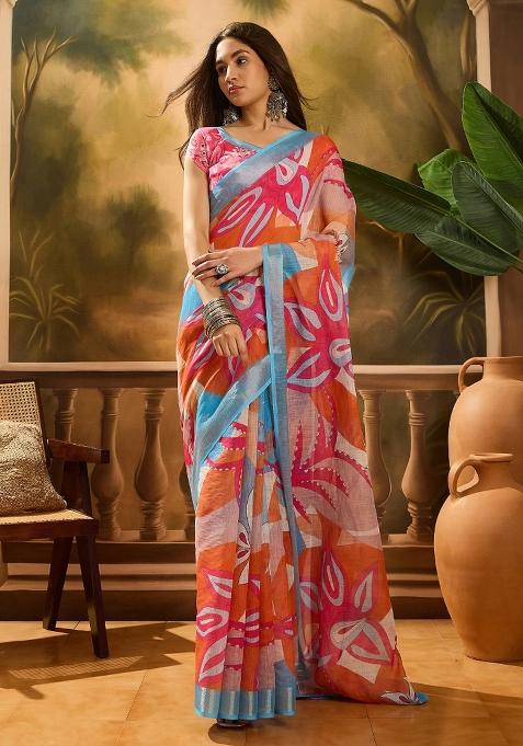 Multicolour Printed Cotton Saree Set