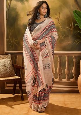 Beige Printed Cotton Saree Set