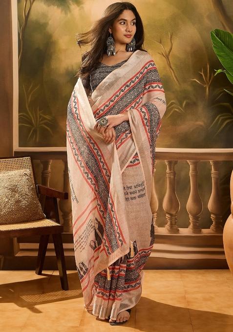 Beige Printed Cotton Saree Set