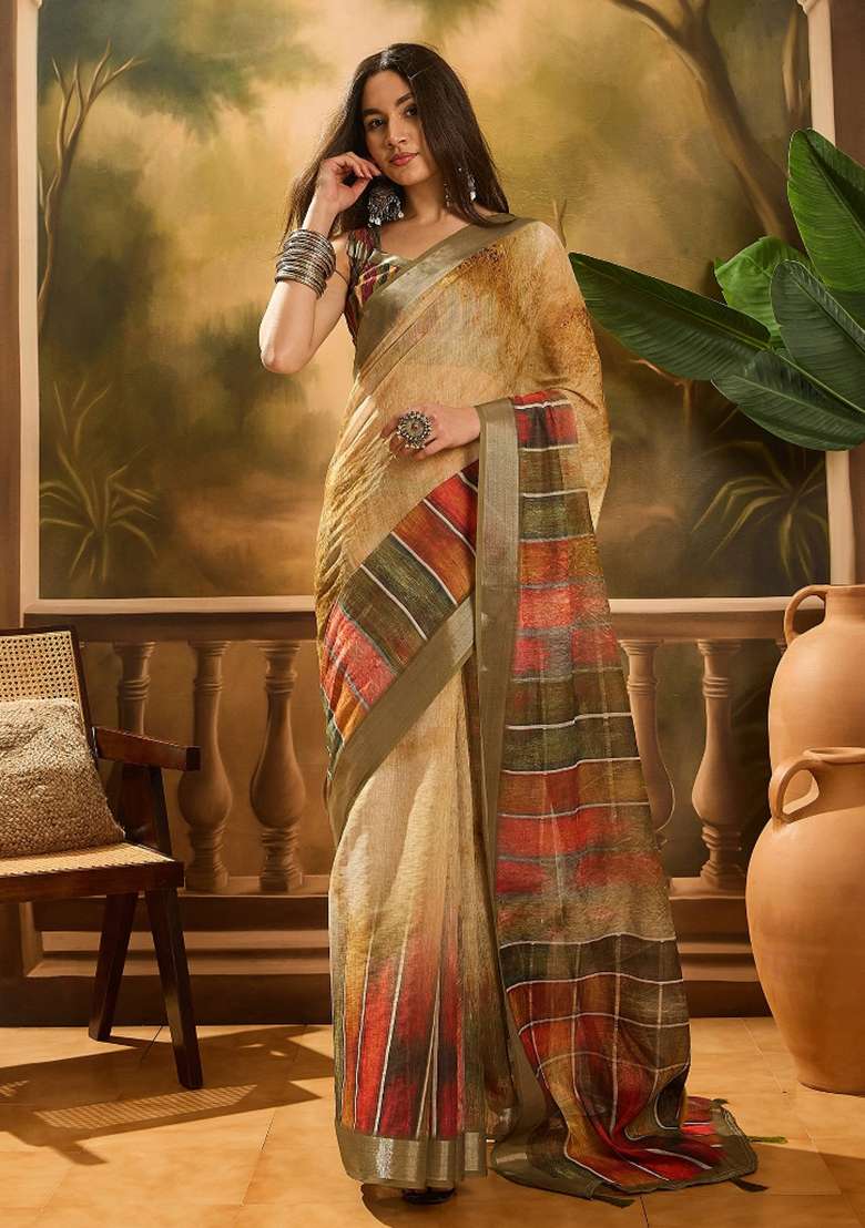 Coffee Brown Printed Cotton Saree Set - Indya