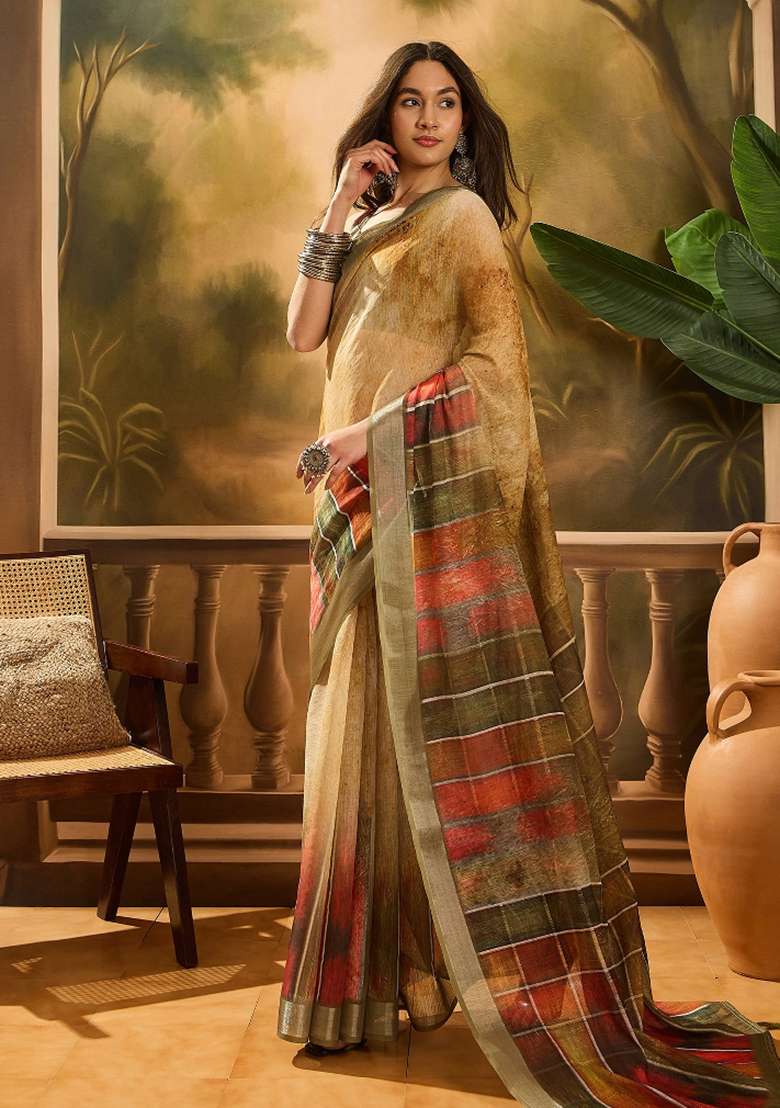 Coffee Brown Printed Cotton Saree Set - Indya