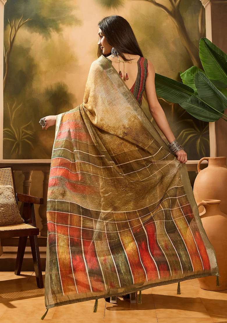 Coffee Brown Printed Cotton Saree Set - Indya