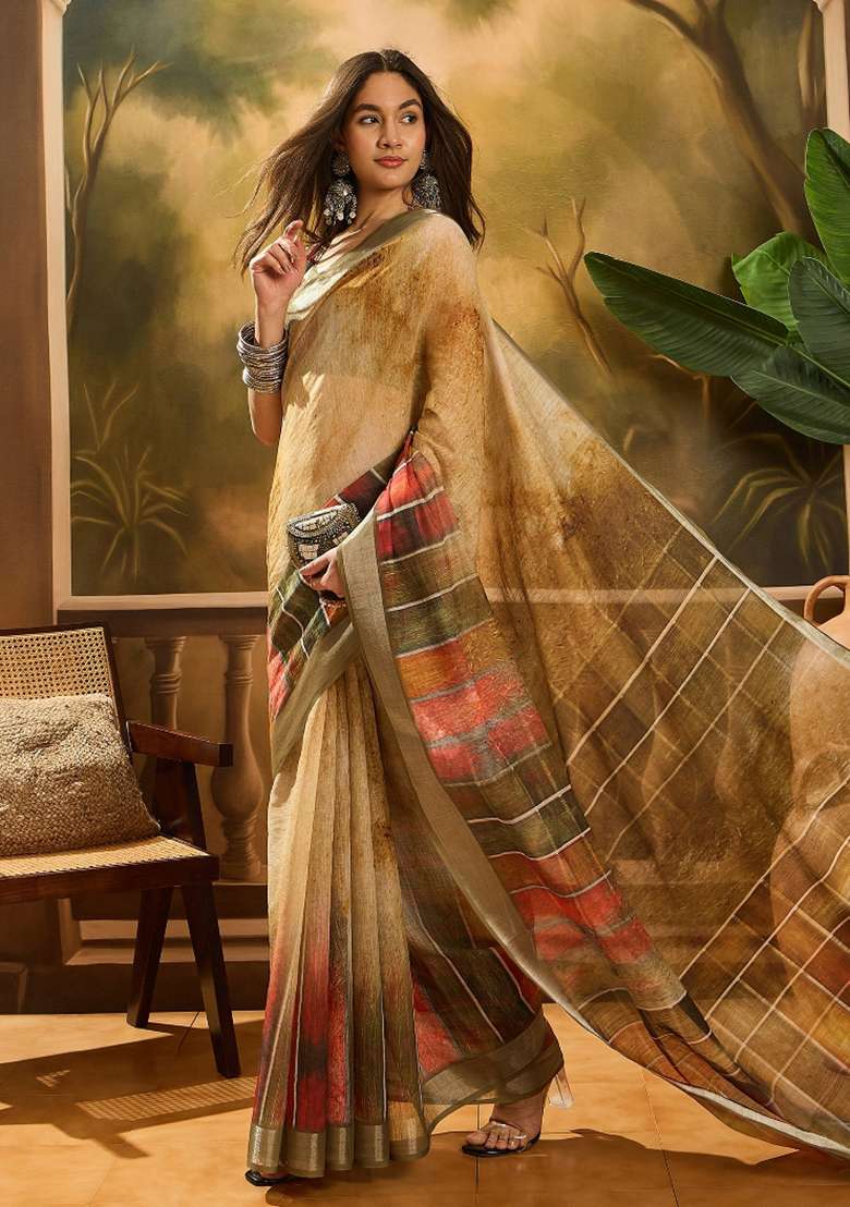Coffee Brown Printed Cotton Saree Set - Indya
