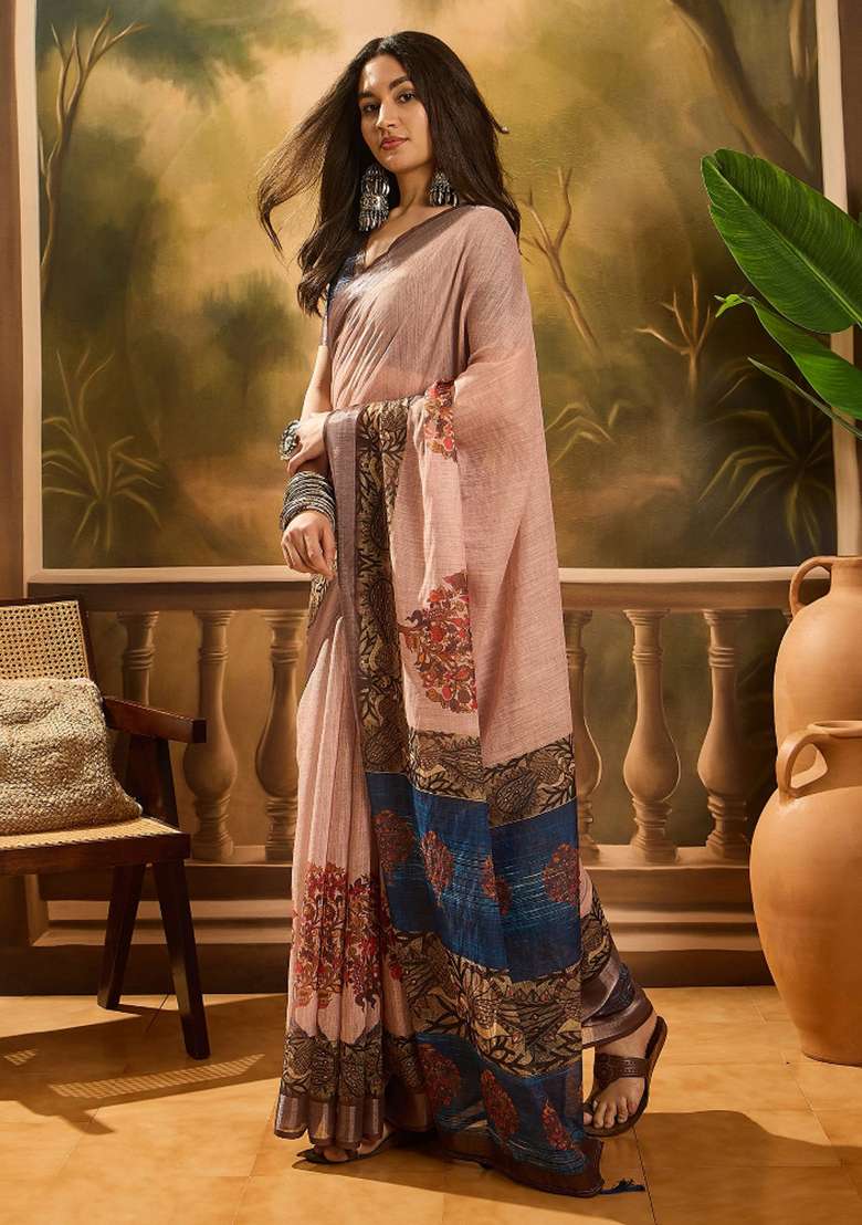 Peach Printed Cotton Saree Set - Indya