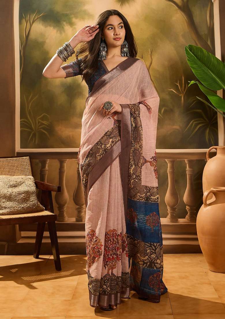 Peach Printed Cotton Saree Set - Indya