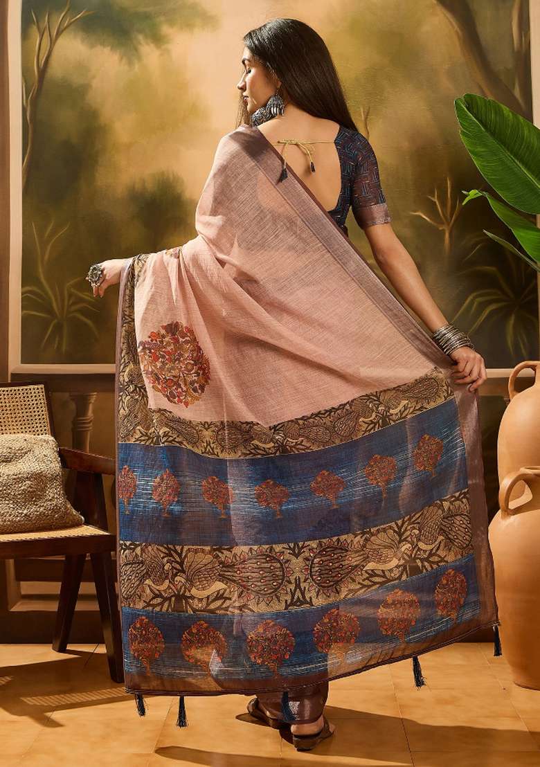 Peach Printed Cotton Saree Set - Indya