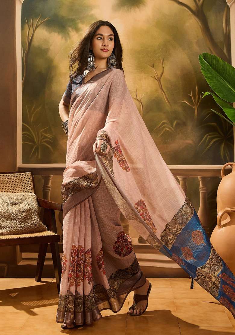 Peach Printed Cotton Saree Set - Indya