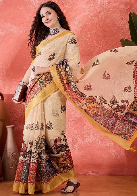 Cream Printed Cotton Saree Set