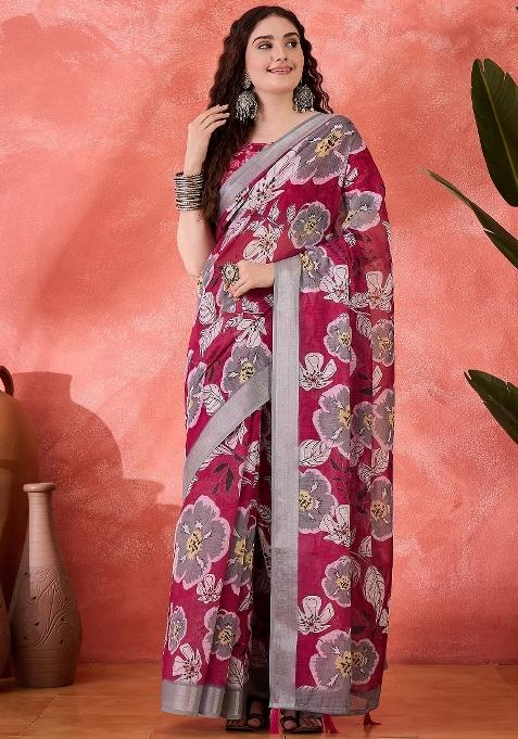 Magenta Printed Cotton Saree Set