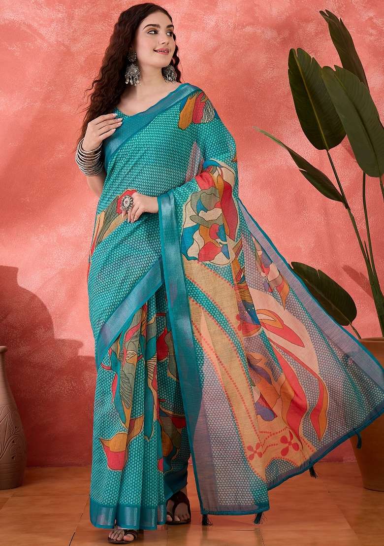 Blue Printed Cotton Saree Set - Indya
