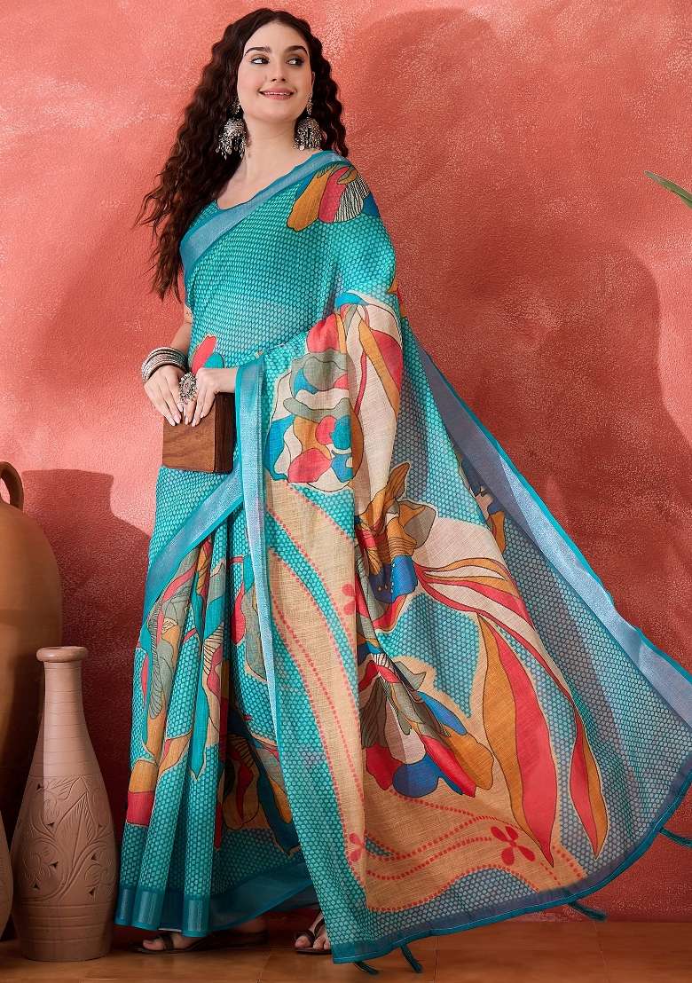 Blue Printed Cotton Saree Set - Indya