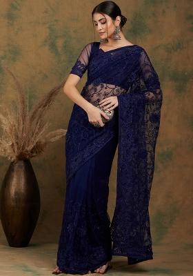Navy Blue Embroidered Net Saree Set