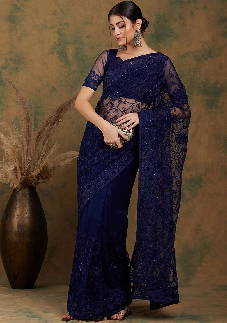 Navy Blue Embroidered Net Saree Set - Indya