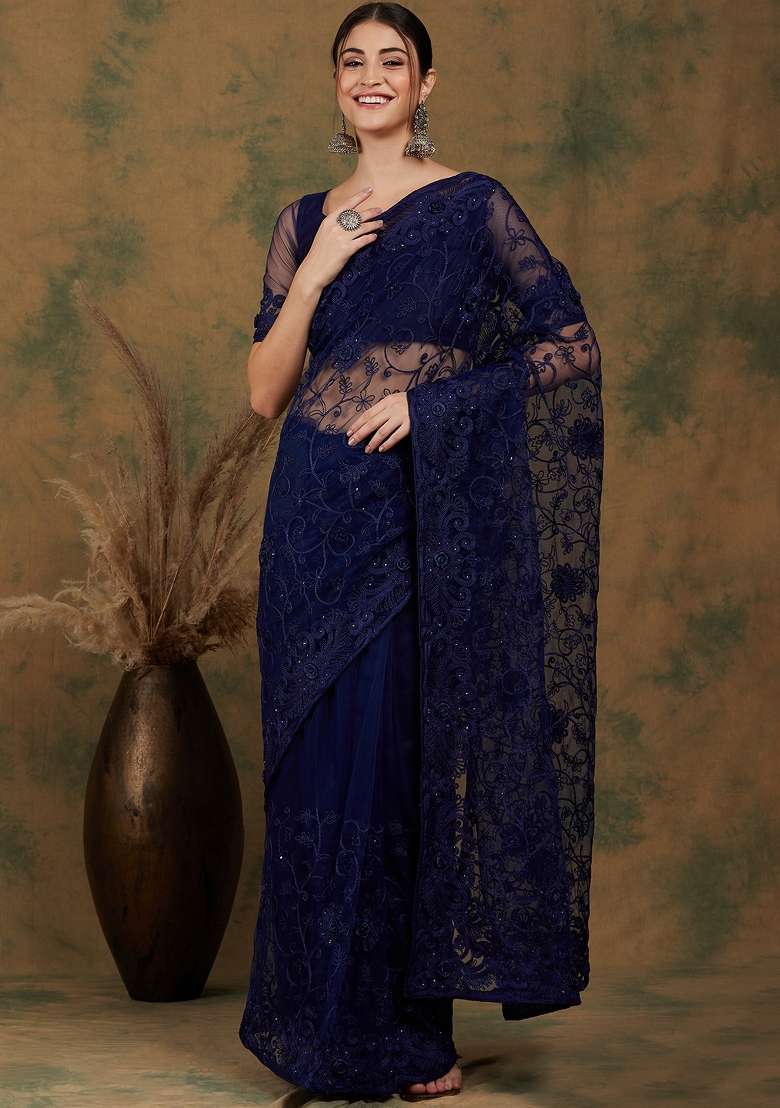 Navy Blue Embroidered Net Saree Set - Indya