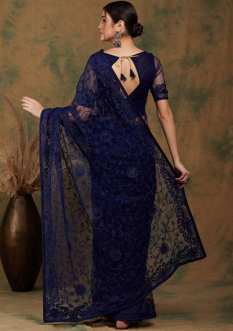 Navy Blue Embroidered Net Saree Set - Indya