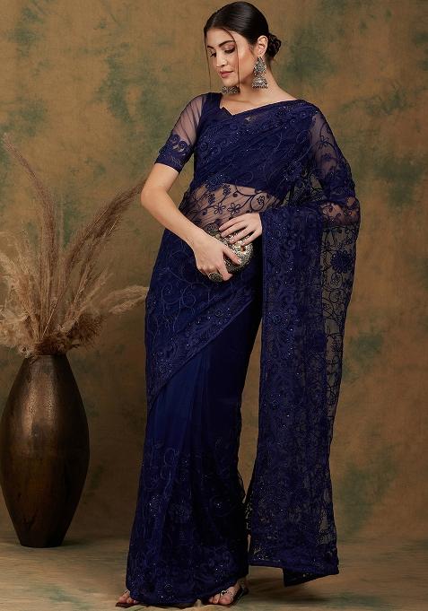 Navy Blue Embroidered Net Saree Set