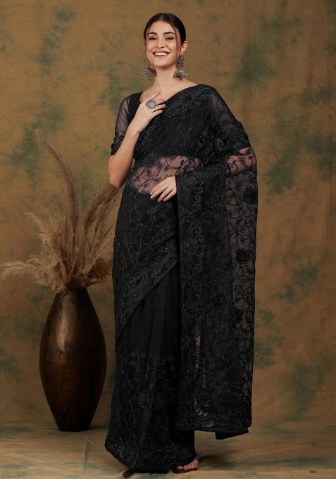 Black Embroidered Net Saree Set