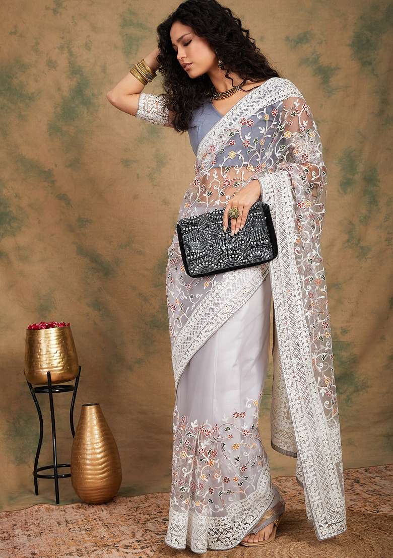 Grey Embroidered Net Saree Set - Indya