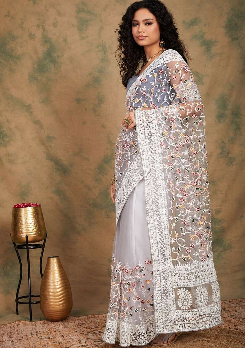 Grey Embroidered Net Saree Set - Indya