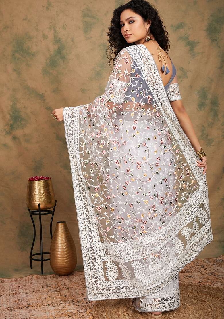 Grey Embroidered Net Saree Set - Indya