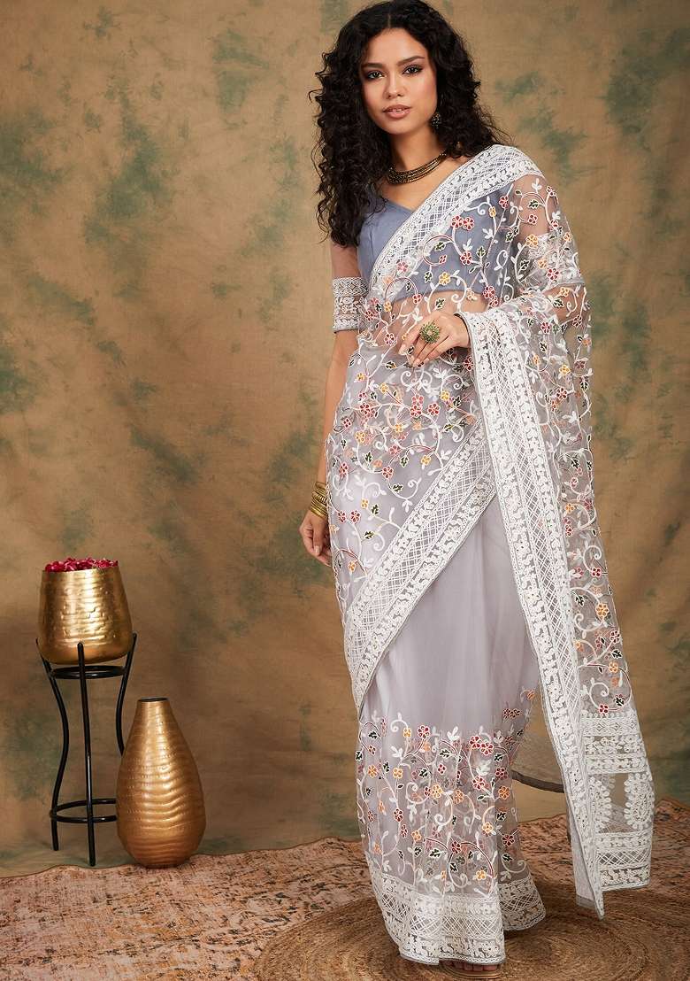 Grey Embroidered Net Saree Set - Indya
